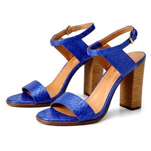 COACH Cobalt Snakeskin-Embossed Leather Ankle Strap Block Heel Sandals